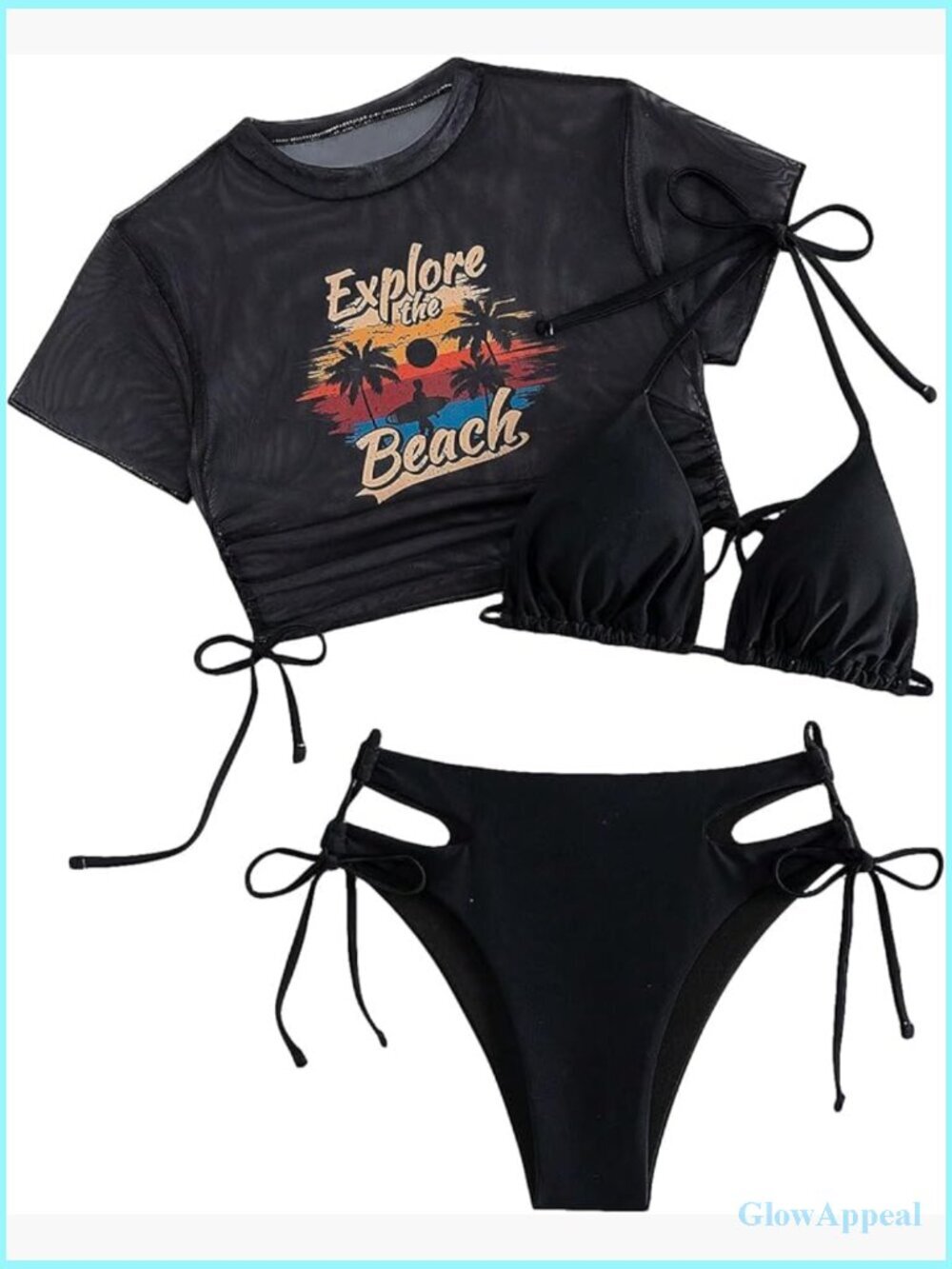 3 Piece Halter Triangle Tie Side Bikini Set with Sheer Cover Up Top